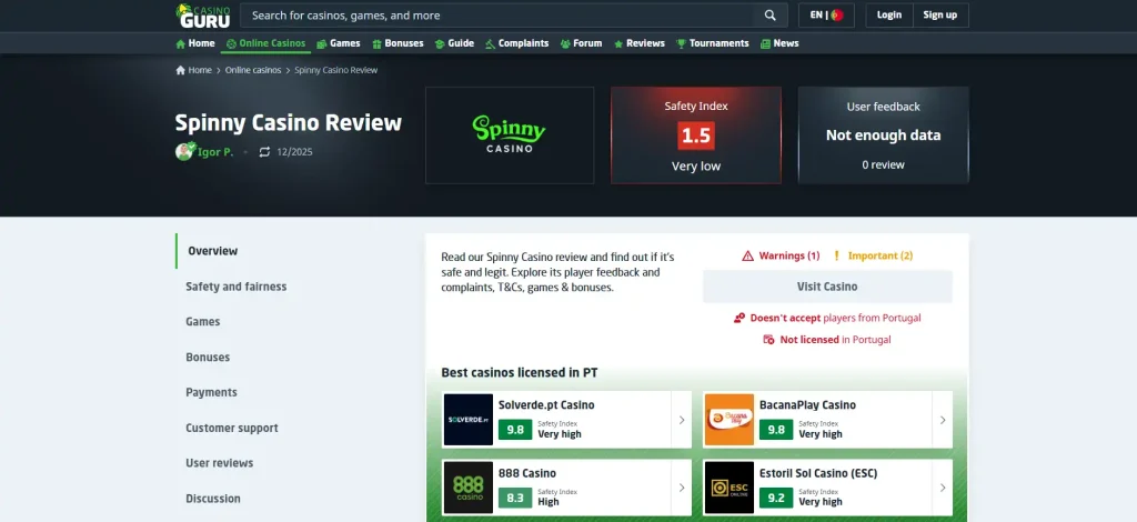 Casino Guru Spinny Casino complaint and review summary