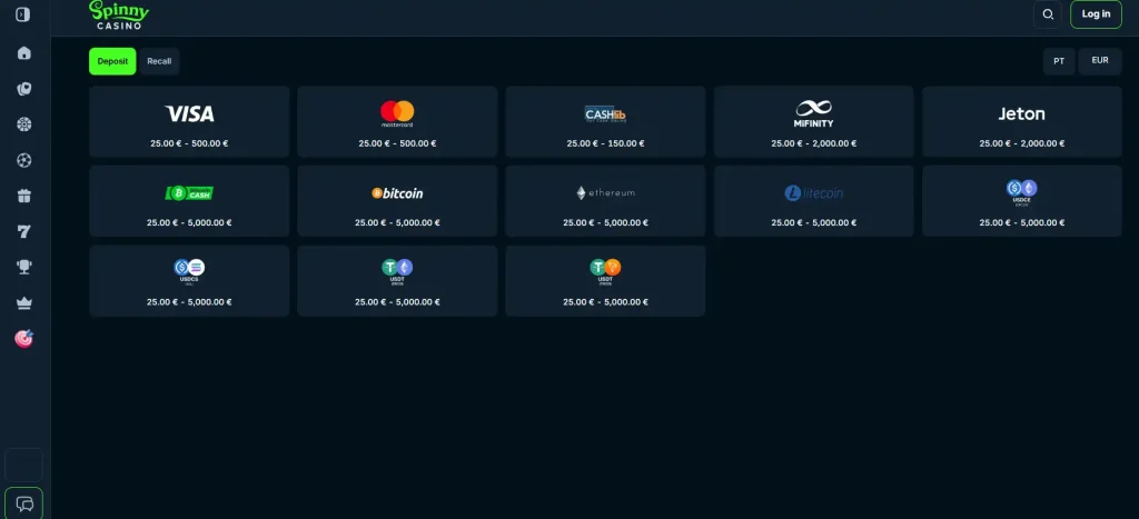 Spinny Casino deposit-method selector in the live cashier