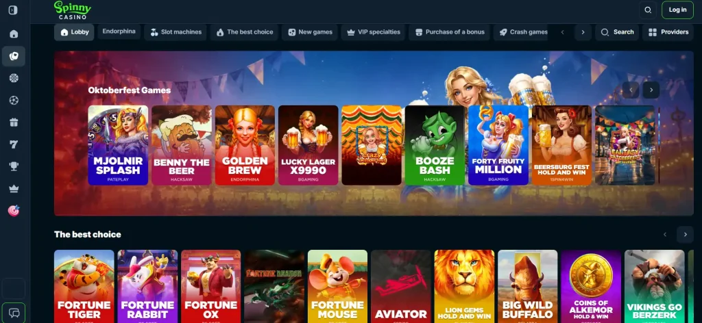 Spinny Casino game lobby showing game categories and provider filters