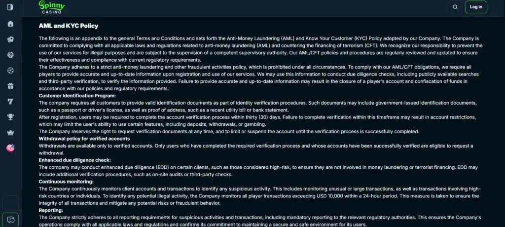 Spinny Casino identity verification screen on the official website