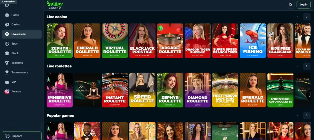 Spinny Casino live casino lobby with live dealer tables