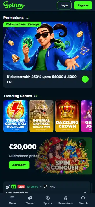 Spinny Casino mobile website shown in a phone browser
