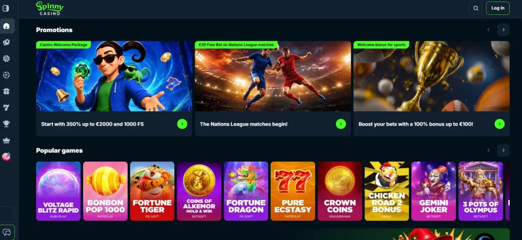 Spinny Casino promotions area on the live site